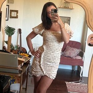 ASTR Cream Ruffle Polka Dot Dress